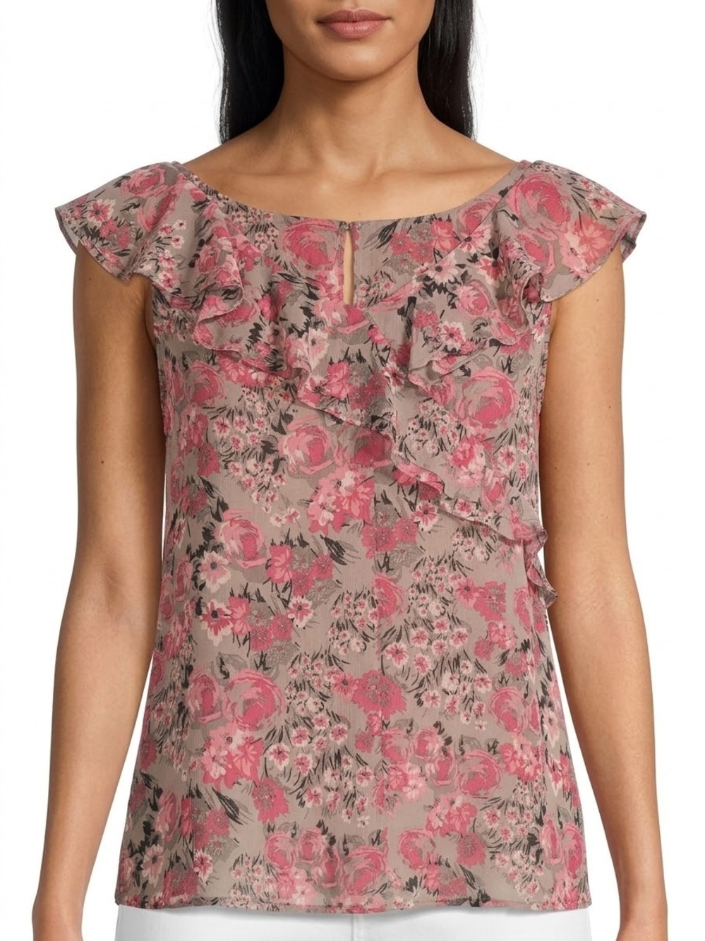 Smart Set Floral Ruffle Sleeveless Blouse Pink Taupe Keyhole Neck